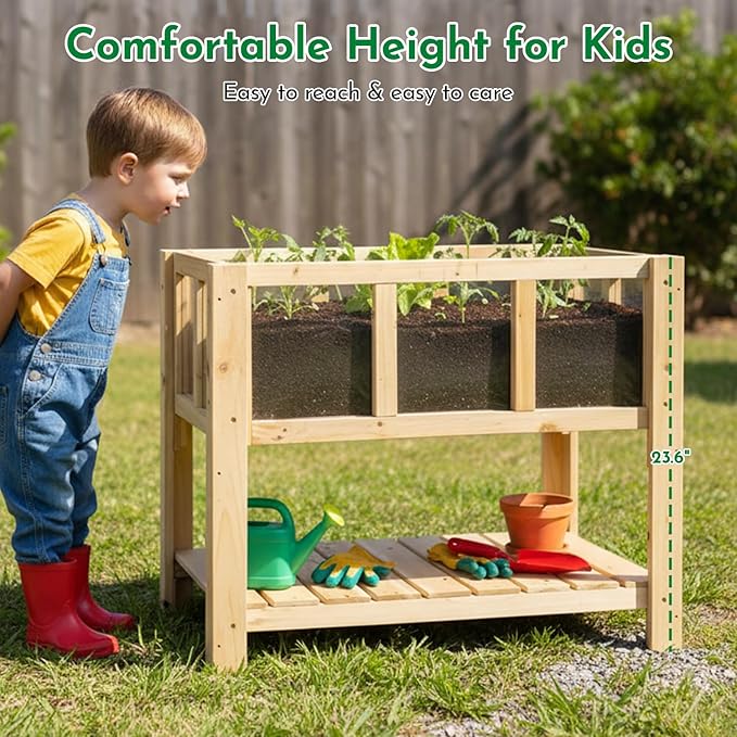 ketive Raised Garden Bed with Transparent Acrylic Side Panels, Elevated Wooden Planter Box with Shelf for Vegetables, Herbs & Flowers,Outdoor Raised Garden Planter for Patio, Balcony & Backyard