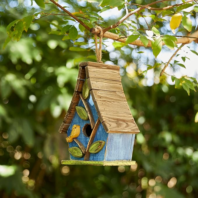Glitzhome Hanging Bird House for Outdoor, 9.5"H Decorative Pet Cottage Distressed Wooden Bird House with Natural Wood Slatted Roof and 3D Tree for Bluebird Swallow Sparrow Finch Cardinals,Washed Blue