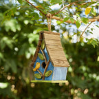 Glitzhome Hanging Bird House for Outdoor, 9.5"H Decorative Pet Cottage Distressed Wooden Bird House with Natural Wood Slatted Roof and 3D Tree for Bluebird Swallow Sparrow Finch Cardinals,Washed Blue