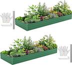 DWVO 2pcs 12 x 4 x 1 FT Raised Garden Bed Kit, Outdoor Galvanized Flower Bed with Safety Rubber and Gloves, Large Metal Planter Box for Vegetables, Flowers, Herbs, Fruits, Green