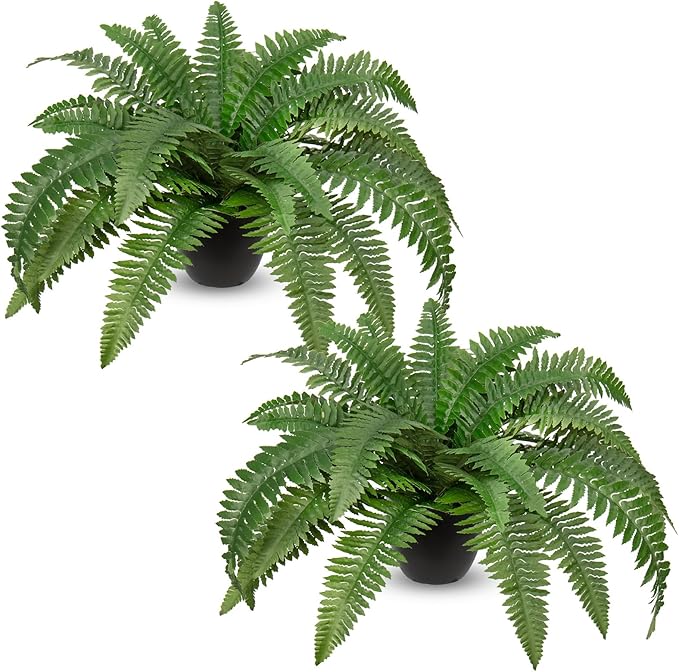Hollyone 2Pcs Fake Fern Potted Plant Artificial Boston Ferns in Pot 35 Leaves for Outdoors & Indoor Faux Fern Bush Plant 20inch for Patio Garden Farmhouse Windowsill Office Living Room Home Decor