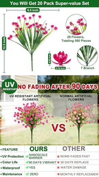 TURNMEON 20 Bundles Artificial Flowers for Outdoors Fake Plants Spring Decor, UV Resistant Artificial Plants Cemetery Flowers Faux Plastic Greenery Shrub for Home Porch Summer Decor 580 Heads(Magenta)