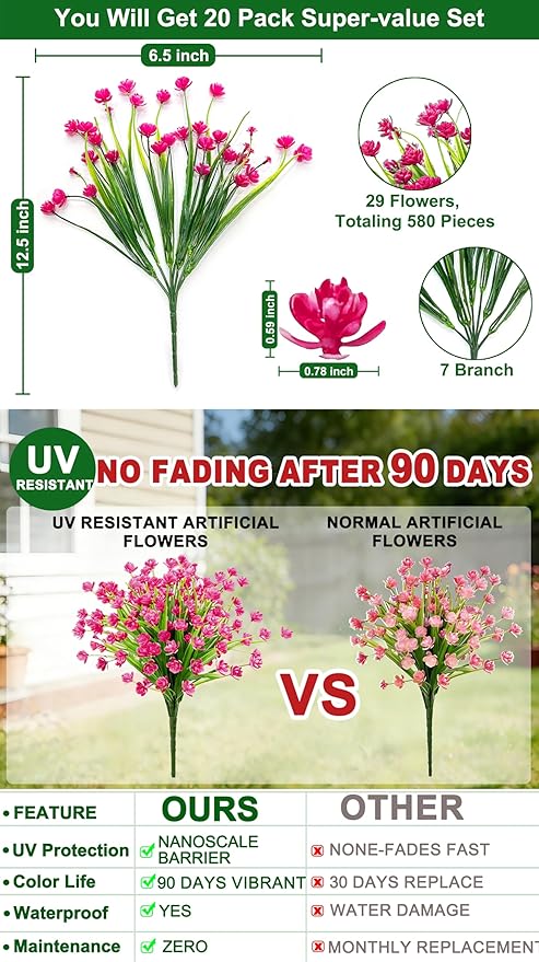 TURNMEON 20 Bundles Artificial Flowers for Outdoors Fake Plants Spring Decor, UV Resistant Artificial Plants Cemetery Flowers Faux Plastic Greenery Shrub for Home Porch Summer Decor 580 Heads(Magenta)