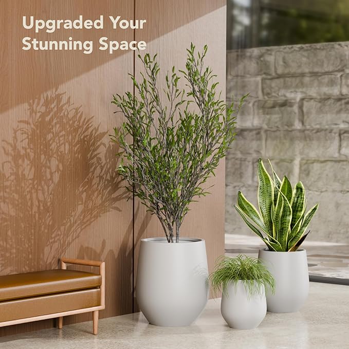 21" H x 19" D Premium Corso Fiberstone Round Tapered Planter with Drainage Hole, Smooth Finishes, Weather Resistant, Included 2 Extra Coco Mats (Light French Gray, 15" Pot Opening)