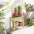 Outsunny Wooden Raised Garden Bed with Trellis, Elevated Planter Box with Storage Shelf, Drainage Holes and Liner, Outdoor Flower Box for Vegetables, Flowers, Herbs