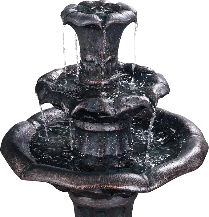 Teamson Home Lily Flower Floor Pedestal 3 Tiered Floor Waterfall Fountain with Pump for Outdoor Patio Garden Backyard Decking, 38 Inch Height, Dark Gray