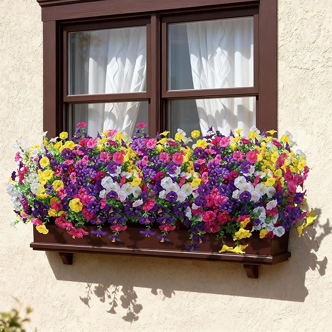 Ivydale 24 Bundles Artificial Flowers for Outdoors Faux Plants Spring Outdoor Decoration Silk Morning Glory Realistic UV Resistant Fake Petunias for Outside Porch Patio Window Garden Yard Home