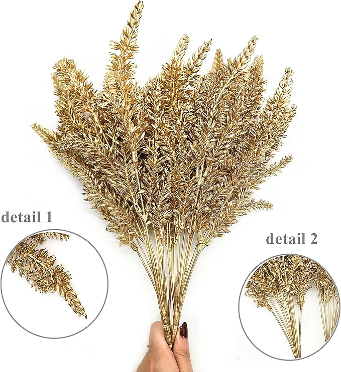 PASYOU Christmas Artificial Plants Decoration, Plastic Grass Faux Shrubs Simulation Wheat Ears Leaves Indoor Outdoor Home Garden Planter Filler Party Hotel Verandah Wedding DIY Decor - Gold 2 Pack