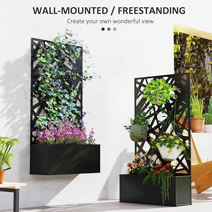 Outsunny Metal Raised Garden Bed with Trellis for Climbing Plants, Freestanding or Wall Mounted Flower Bed with Privacy Panel, Irregular Line Cut-Outs Outdoor Planter Box for Garden, Patio, Balcony