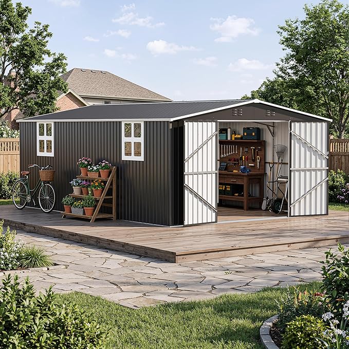 Polar Aurora 12x18 FT Outdoor Storage Shed, Garden Shed with Window, Updated Frame Structure and Lockable Doors, Metal Tool Sheds for Backyard Garden Patio Lawn, Black