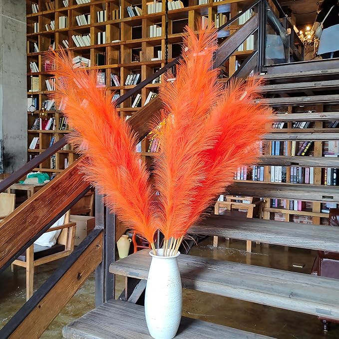 Premium Faux Orange Pampas Grass – 43.3" Tall Fluffy Decor, 8pcs 18-Branch One-Piece Stems No Assembly, Luxury Silk-Feel Feather Flowers for Boho Wedding Home Decor (Tangerine, 8 Stems / 110cm)