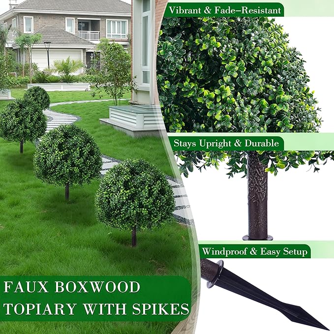 27.6" Artificial Topiary Boxwood Tree, Faux Boxwood Topiary Spheres with Spike, 2 Set Plants Shurbs Tree Waterproof UV Resistant Fake Plants for Outdoor Planter Porch Home Garden Spring Decor