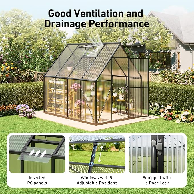 6x8 FT Garden Greenhouse with Hygrometer, Polycarbonate Greenhouse with Heavy Duty Aluminum Frame, Quick Setup Plant Gardening Green Houses for Outside with Lockable Door & Vented Roof Window