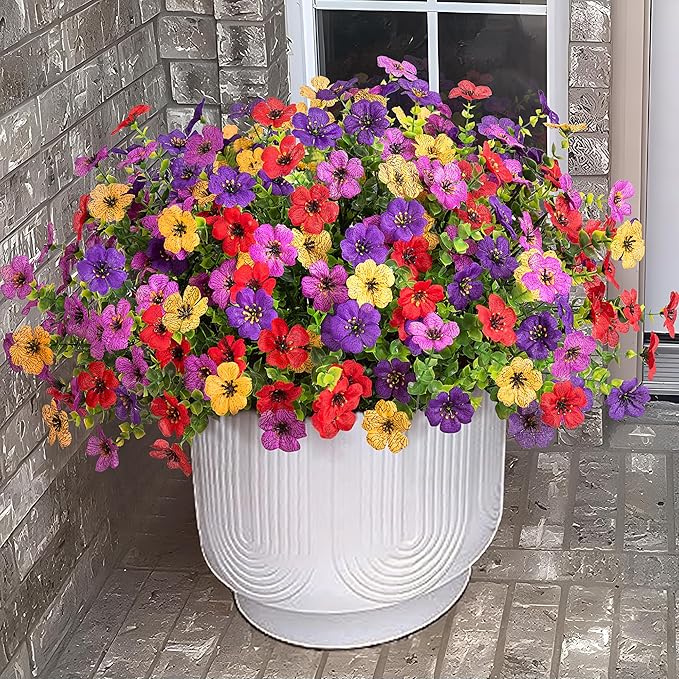 Ammyoo Artificial Flowers for Outdoors Potted Spring Decor, 12 Bundles Fake Summer Daisy with Realistic Eucalyptus Leaves, Faux Plants for Greenery Boxwood Porch Patio Garden Pot Lawn
