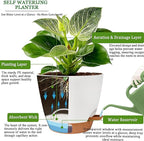 Self Watering Pots for Inoor Ourdoor Plants 10/9/8/7/6.5 Inch Plastic Planters with Drainage Holes & Water Level Indicator, Decorative House Flower Nursery Planting Pots with Saucers ((White)