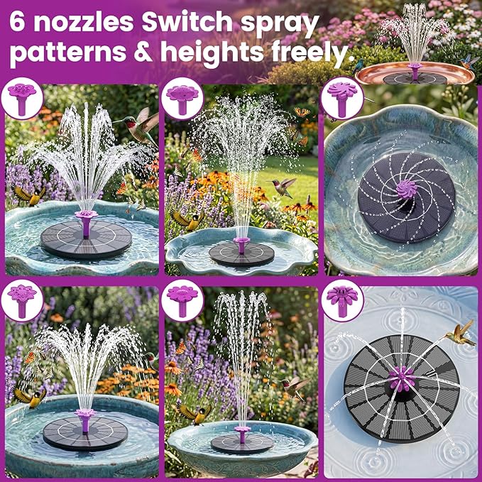 Solar Fountain for Bird Bath, 4W Solar Powered Water Fountain Pump, Outdoor Water Fountain with 6 Nozzles for Hummingbirds, Garden, Pool, Pond