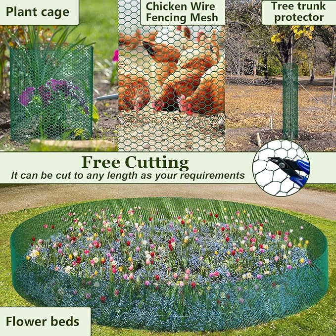 33Ft x 16In Plant Protectors from Animals, Heavy-Gauge Plant Cages for Outdoor Plants with Ties,Pliers,Stakes, Rabbit Plant Cage, Wire Plant Protector,Chicken Wire Fencing Mesh (33Ft x 16In)