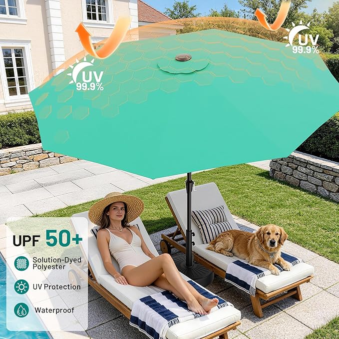 AreShark 9 FT Patio Umbrella for Outdoor, Outdoor Table Umbrella with Push Button Tilt and Crank, Outdoor Patio Umbrellas with 8 Sturdy Ribs for Market, Garden, Pool (Peacock Blue)