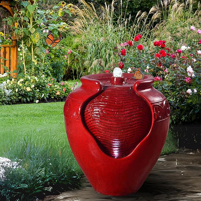 Teamson Home Outdoor Pot Fountain with LED Lights and Pump, Floor Water Fountain for Patio, Garden, Backyard, Decking Home Décor, 16.93 Inch Height, Red