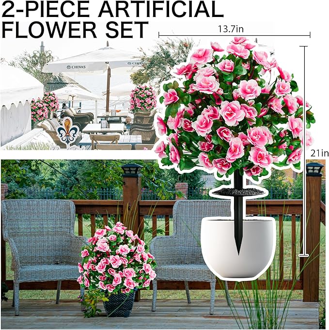 Artificial Flowers for Outdoors, Faux Outdoor Plants Fake Plants Topiary Balls Artificial Outdoor Set of 2 with Ground Spike for Home Front Porch Patio Garden Decor (Pink)