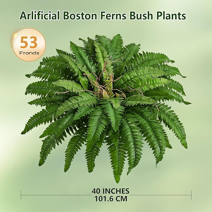 40 in Artificial Boston Ferns Bush, Set of 2 Large Faux Ferns Plants, 53 Branches Fake Ferns for Home Living Room Decor, Indoor and Outdoor