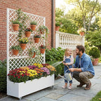 Casaphoria Metal Raised Garden Bed with Trellis and Wheels, 72"x47"x16" Arched Planter Box for Climbing Plants, Vegetables & Vines, Features Drainage Holes and Privacy Screen, White-Rhombus