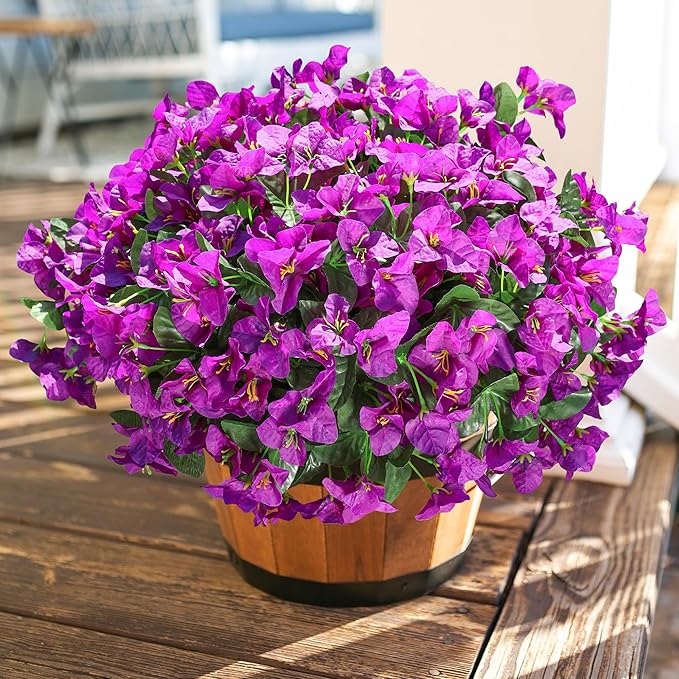 Fake Bougainvillea Artificial Flowers for Outdoors Spring Summer Decor, 4PCS Bougainvillea Outdoor Faux Plants Realistic Silk Flowers for Outside UV Resistant for Planter Patio Window Garden, Purple