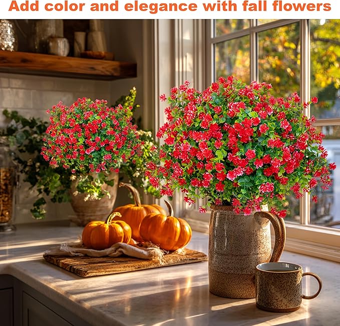 Artificial Flowers for Outdoors Fake Plants - 12 Bundles Faux UV Resistant No Fade Plastic Greenery Home Garden Porch Patio Decoration Boxwood Shrubs (Red)