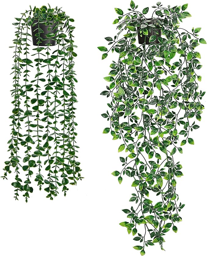 Der Rose 2 Pack Fake Hanging Plants Artificial Potted Plants Indoor and Outdoor for Office Living Room Bathroom Wall Shelf Decor