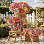 SHareconn 24 Bundles Artificial Flowers for Outdoors, Faux Plants Fake Silk Colorful Daisy Eucalyptus Lavender, UV Resistant for Outside Home Porch Patio Spring Decor, RedRosyPurpleYellowPinkWhite