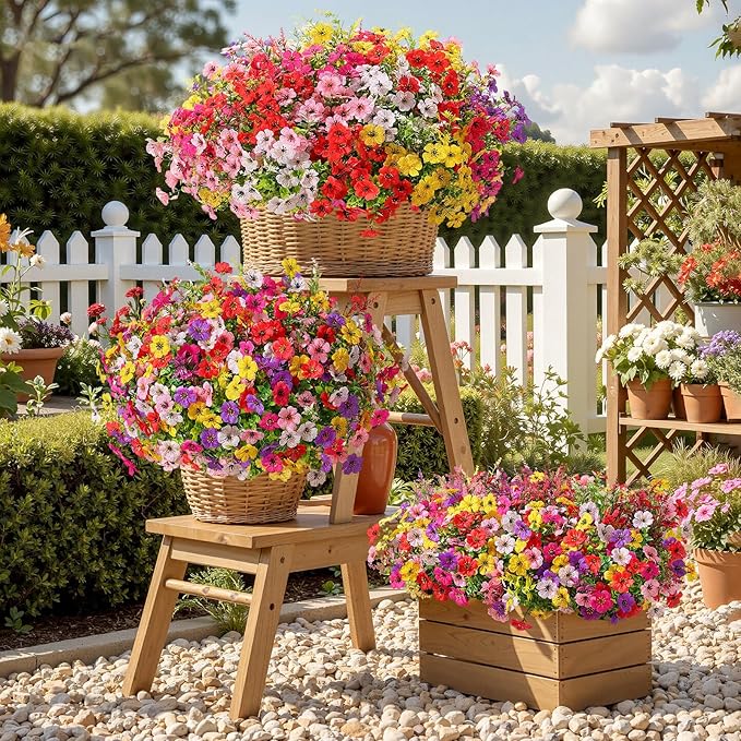 SHareconn 24 Bundles Artificial Flowers for Outdoors, Faux Plants Fake Silk Colorful Daisy Eucalyptus Lavender, UV Resistant for Outside Home Porch Patio Spring Decor, RedRosyPurpleYellowPinkWhite