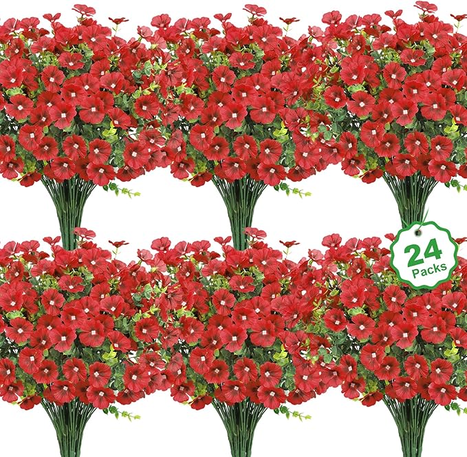24 Bundles Artificial Flowers for Outdoors Fake Silk Flowers UV Resistant Faux Plants Eucalyptus for Spring Summer Decoration Planters Table Vase Garden Yard Porch Window Home Decor, Red