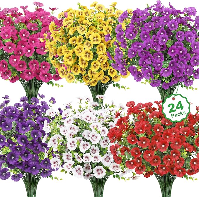 24 Bundles Artificial Flowers for Outdoors Fake Silk Flowers UV Resistant Faux Plants Eucalyptus for Spring Summer Decoration Planters Table Vase Garden Yard Porch Window Home, Multicolor