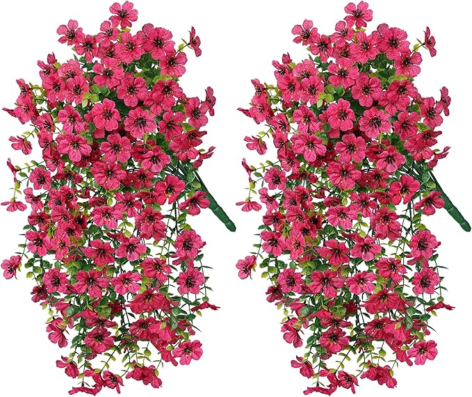 HyeFlora Artificial Flowers for Outdoors Fake Hanging Decoration, 2Pcs Hotpink Spring Decor, Realistic Plants, UV & Fading Resistant Silk Flower for Porch Patio Balcony Planter Yard