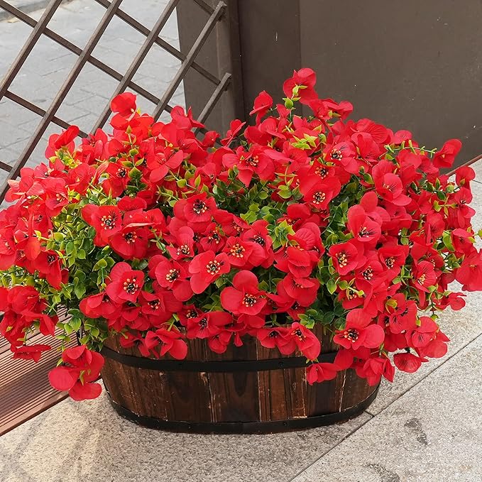 Artificial Flowers for Outdoor, UV Resistant Fake Silk Pansies Flowers, Realistic Faux Plants for Outside Indoor Porch Patio Window Box Planter Home Decor (16, Red)