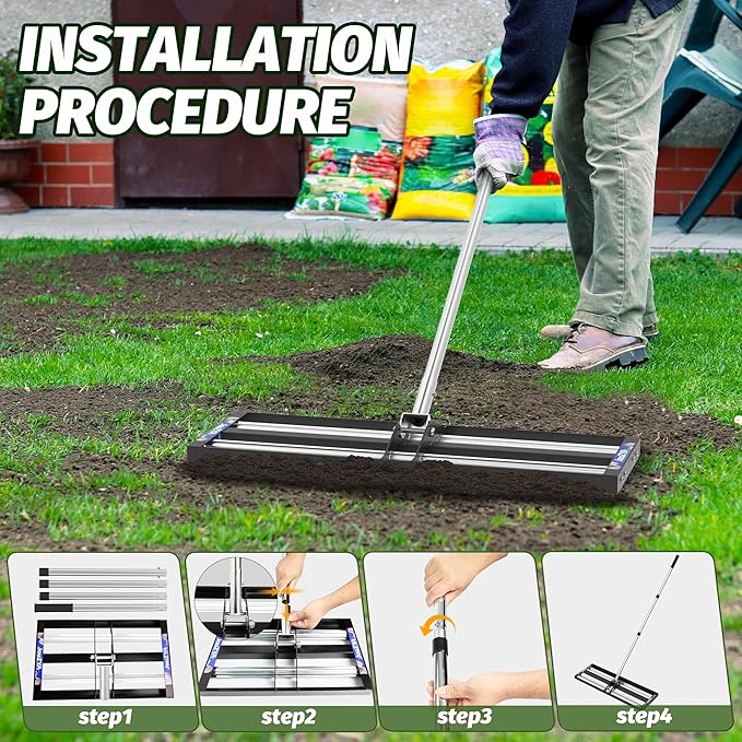 Updated Lawn Leveling Rake 30"x10", Lawn Leveler with Aluminum Rollers, Yard Leveling Rake Stainless Steel with 27-80" Adjustable Handle, Heavy-Duty Ground Leveler Suit for Garden, Golf Lawn, Farm