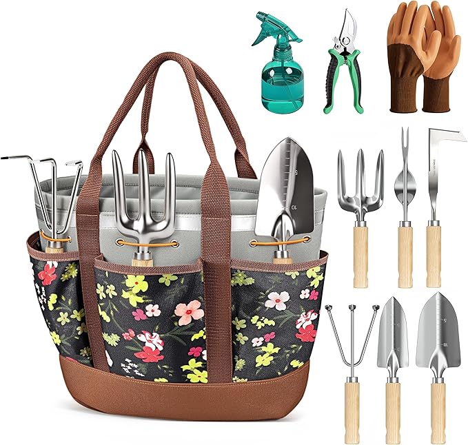 10-Piece Garden Tool Set with Reinforced Organizer Handbag, Heavy-Duty Stainless Steel Gardening Tools with Premium Ergonomic Wood Handles, Professional Rust-Proof Gardening Gift Set for Women, Mother