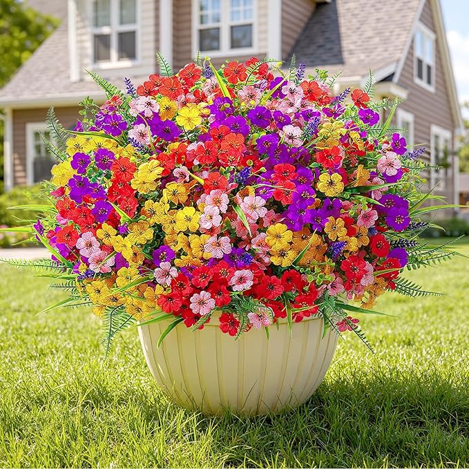 Alupssuc 48 Bundles Artificial Flowers for Outdoors Planters Spring Decoration, UV Resistant Faux Eucalyptus Violet and Lavender Silk Fake Plants for Outside Indoor Yard Home Patio Decor, Mix 4 Colors