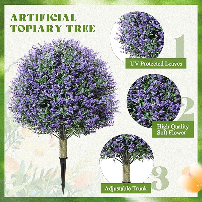 Lunmon 2 Pack 24" Artificial Topiary Ball Plants Trees with Flowers, Outdoor Fake Topiary Plants with Ground Spike, UV Resistant Faux Bushes for Indoor Outdoor Front Door Decor(Purple,Rose)