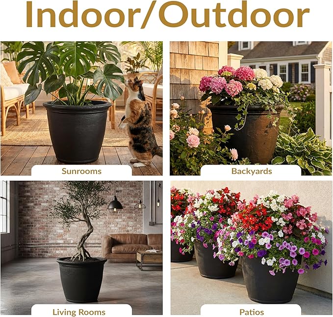 Sunnydaze 24-Inch Anjelica Large Plastic Pot for Plants - Outdoor Double-Walled Large Plastic Planter with Drillable Drainage Holes - Matte Black