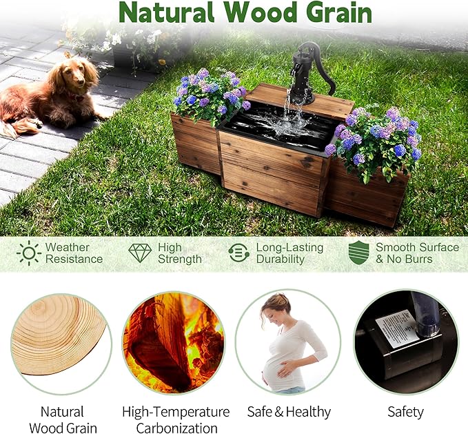 OIPRTGFJ Outdoor Water Fountain,Floor Wooden Rectangular Pump Old-Fashioned Fountain with Flower Box,Electric Decorative Hand Pump, Outdoor Water Feature for Garden Patio Backyard