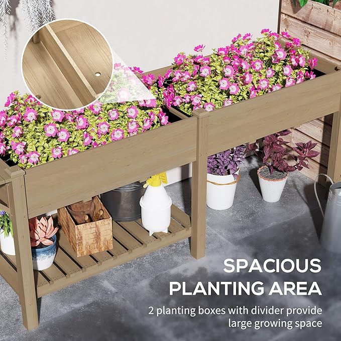 Outsunny Raised Garden Bed, Wood Elevated Planter Box with Side Table, Bottom Shelf, Outdoor Raised Planter with Bed Liners, Drainage Holes for Vegetable Flower, 81.5 x 23 x 31 in, Carbonized Brown