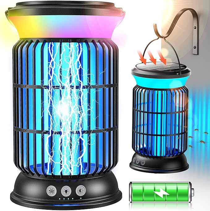 Solar Bug Zapper Outdoor – Powerful Electric Bug Zapper with 4-in-1 Modes, Cordless & Rechargeable Insect Zapper, IP66 Waterproof Mosquito Zapper for Camping & Indoor Use