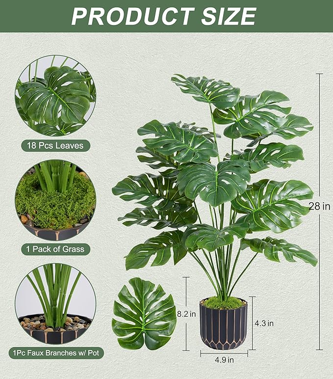 28" Artificial Monstera Plant Tall Fake Faux Plants Indoor Outdoor Tree for Living Room Home House Decoration