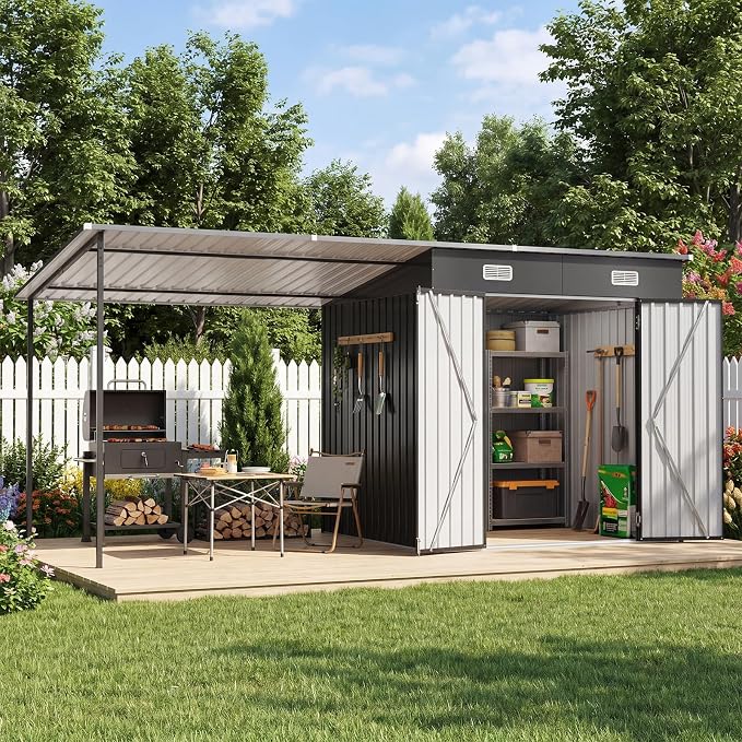 Aoxun 7x6FT Outdoor Storage Shed & Hardtop Canopy Gazebo Combo | 13.3x5.6FT Metal Lean to Shed, 2-in-1 Garden Bike Shed for Patio, Backyard, Deck, Black