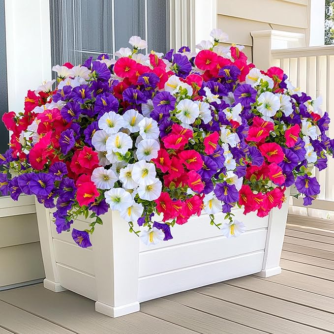 Artificial Flowers Outdoor Morning Glory - 16 Bundles Fake Plants UV Resistant No Fade Faux Plastic Greenery Home Garden Patio Decoration Indoor (1, Multi16-1)