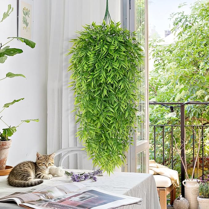 Waipfaru 4Pcs Artificial Hanging Plants, Fake Willow Leaves Vines Fake Hanging Plants for Outdoors UV Resistant Plants Outdoor Faux Plants Indoor Bedroom Living Room Porch Shelf Decor