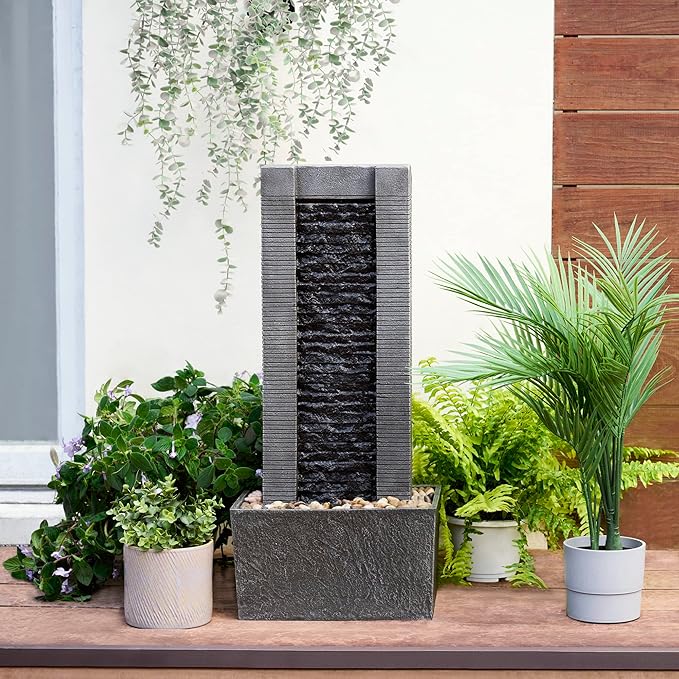 Teamson Home 29.25" Demeter Indoor/Outdoor Modern Waterfall Fountain with LED Lights, Black and Stone Gray