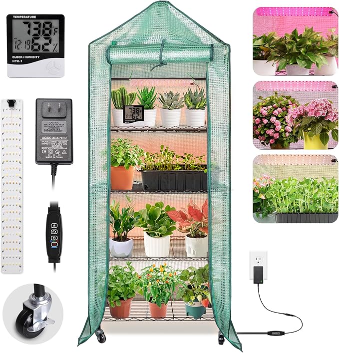 DazSpirit 4-Tier Indoor Mini Greenhouse with Grow Lights, 32W Full Spectrum Plant Light with Timer, Adjustable Metal Shelves, 69.6"x22"x18.5" Portable Plant Stand for Seed Starting & Indoor Plants
