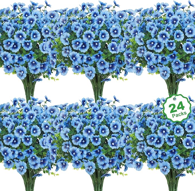 24 Bundles Artificial Flowers for Outdoors Fake Silk Flowers UV Resistant Faux Plants Eucalyptus for Spring Summer Decoration Planters Table Vase Garden Yard Porch Window Home Decor, Blue